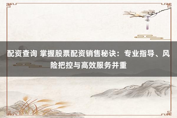 配资查询 掌握股票配资销售秘诀：专业指导、风险把控与高效服务并重